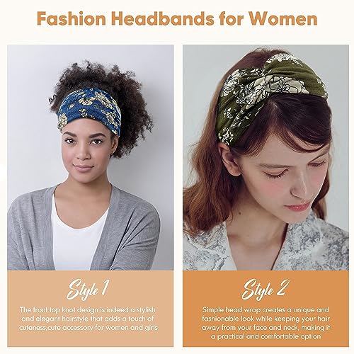 Carede Wide Headbands for Women Girls,Floral Printed Boho Headband Turban Knot Hairband Twist Workout Headbands Fashion Yoga Hair Bands,Pack of 6