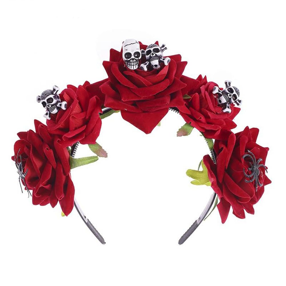 Halloween Skull Floral Crown Headband Mexican Day of the Dead Costume Gothic Rose Flower Garland Headwear Hair hoop for Women