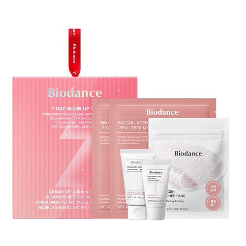 BIODANCE 7 Day Glow Up Kit: Collagen Gift Set for Glass-Skin, Korean Skin Care with Mask to Foam Cleanser, Toner Pads, Moisturizer, Gel Masks, All-in-One Skin Care Set