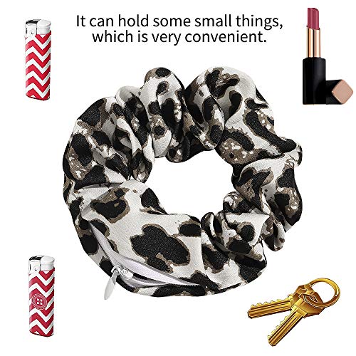 Velvet Dots Leopard Scrunchies with Zipper Pouch and Secret Pocket for Hair Ties, Ropes, and VSCO Girl Stuff (4 Pcs)