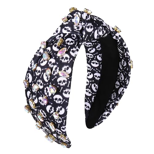 Halloween Crystal Knotted Headband for Women Rhinestone Jeweled Embellished Skull Print Wide Top Knot Hairband Halloween Costume Party Hair Accessory