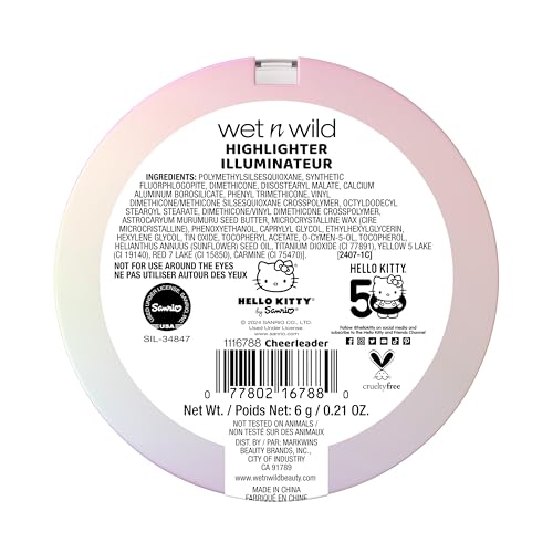 wet n wild Hello Kitty Highlighter, Multi-Dimensional Glow with Iridescent Pearls, Silky-Smooth Buildable & Blendable Formula, Cruelty-Free & Vegan - Cheerleader