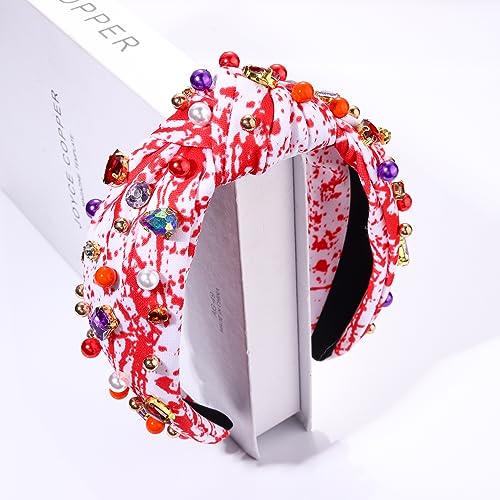 HSWE Halloween Headband Crystal Pearl Knotted Headband for Women Blood Splatter Rhinestone Jeweled Embellished Print Wide Top Knot Hairband Halloween Costume Cosplay Party Favors