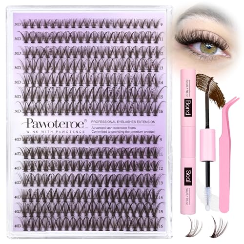 Pawotence Lash Clusters Kit 40D 60D Lash Extension Kit 10-18mm Cluster Eyelash Extension Kit Individual Lashes 280pcs Eyelash Clusters with Lash Bond and Seal, Lash Tweezers for Self Use