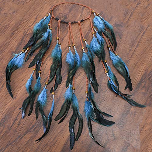 AWAYTR Boho Headdress Feather Headband Accessories Feather Elastic Gypsy Festival Headband Indian Fancy Headpieces 1970s (Blue)