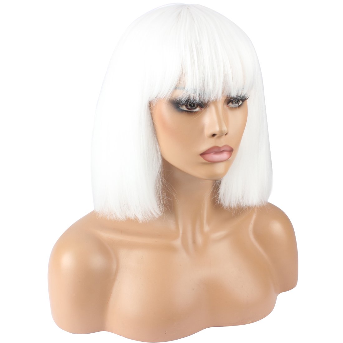 WeKen Women's Fashion Wig Short Bob Kinky Straight Full Bangs Synthetic Hairpieces Solid White