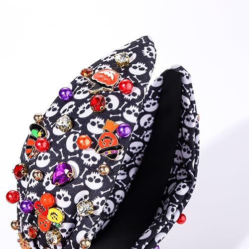 Halloween Headbands Halloween Knotted Headband for Women Pumpkin Witch Hat Charms Crystal Embellished Skull Print Wide Top Knot Hairband