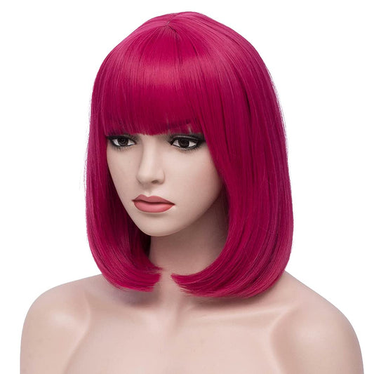 BERON 12 Inches Dark Pink Wig Short Straight Bob Hot pink Wig with Bangs for Women Halloween Cosplay or Daily Use Wigs (Dark Pink)