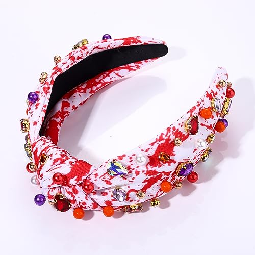 HSWE Halloween Headband Crystal Pearl Knotted Headband for Women Blood Splatter Rhinestone Jeweled Embellished Print Wide Top Knot Hairband Halloween Costume Cosplay Party Favors