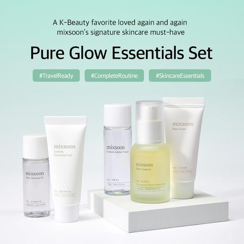 Mixsoon Pure Glow Essentials Set - 5-Step Hydrating Skincare Kit | Travel Size Gift Set (15ml*1 + 20ml*3 + 30ml*1)