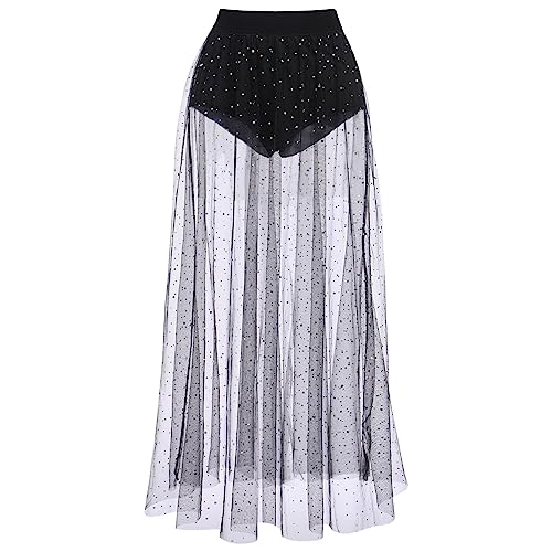 Women's Sheer Mesh 2 in 1 Glitter Sequin Elasticized High Waist A Line Party Maxi Skirt Sparkle Galaxy Sequin Tulle Cover ups Festival Outfits Costume Black Polka Dot S