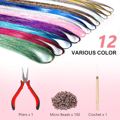 House West Hair Tinsel Kit for Girls,12 Colors, 48 Inches, 2800 Strands Hair Tinsel Kit,Tinsel Hair Extensions Kit Add Festive Flair to Your Look!Hair Tinsel Suitable for Women,Girls Kids.