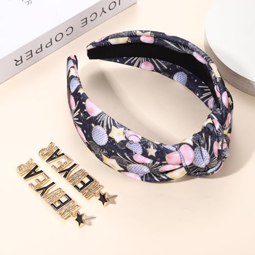 YAHPERN New Year’s Eve Headbands for Women Happy New Year Headband Printed Clock Top Hat Star Headband Holiday Knotted Headband New Year’s Eve Hair Accessories Party Favors Gifts (New Year)