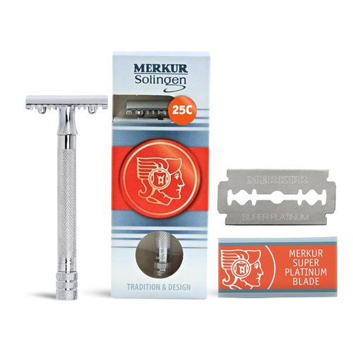 Merkur 25C Double Edge Safety Razor - Bright Chrome, Open Comb Design, Long Handle, Plastic-Free