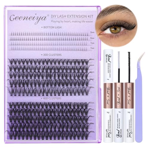 Geeneiya Natural Lash Clusters Kit Wispy Lash Extension Kit Bottom Lashes DIY Eyelash Extension Kit D Curl Individual Eyelashes Kit with Waterproof Lash Bond and Seal, Lash Tweezers (30D+40D+BOTTOM)