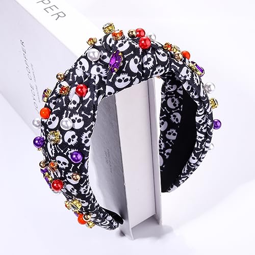 HSWE Halloween Headband Crystal Knotted Headband for Women Pearl Rhinestone Jeweled Embellished Skull Print Wide Top Knot Hairband Halloween Costume Cosplay Party Decoration