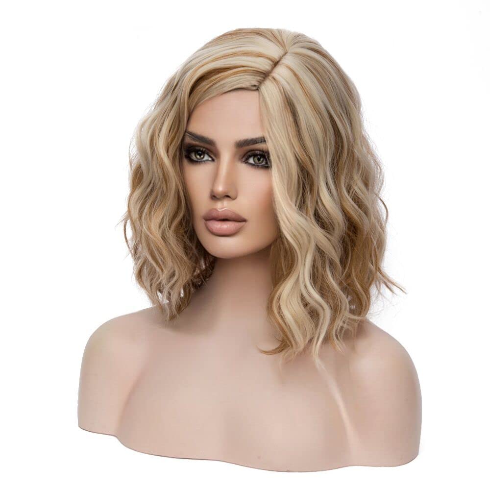 MAGQOO Blonde Brown Wig Side Part Short Curly Wavy Bob Wig Dirty Blonde Hair Wigs Brown Highlight Wig Synthetic Heat Resistant Cosplay Costume Party Wigs