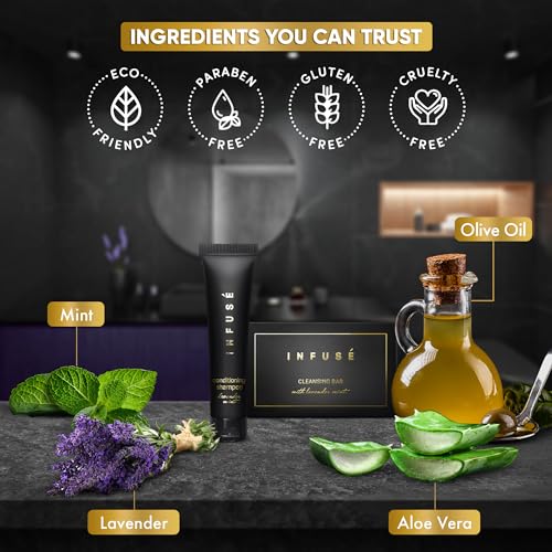 Infuse Black Hotel Soaps and Toiletries Bulk Set | 1-Shoppe All-In-Kit Amenities for Hotels & Airbnb | 1 oz Hotel Cleansing Bar and Conditioning Shampoo Travel Size | 100 Pieces
