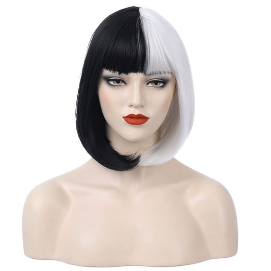 BERON 12 Inches Black White Bob Wig Short Straight Bob Synthetic Wig with Bangs for Women Halloween Cosplay or Daily Use Wigs (Black and White)