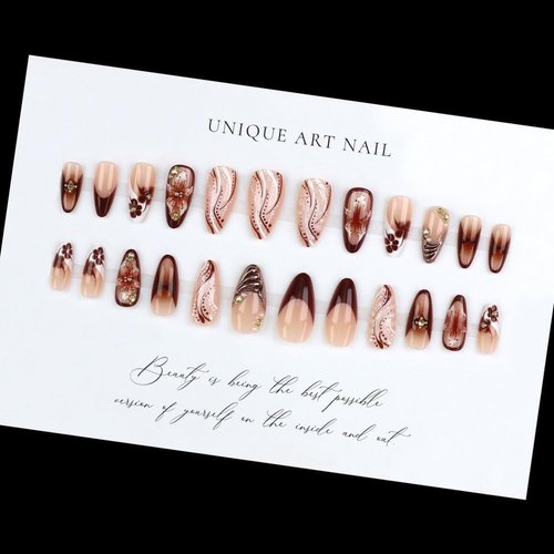 French Tips Press on Nails Medium Almond Nails Press on with 5D Flower Charm Design Glossy Brown Glue on Nails Water Ripple Rhinestones Fake Nail Reusable Fall Winter Nail for Women Manicure 24Pcs