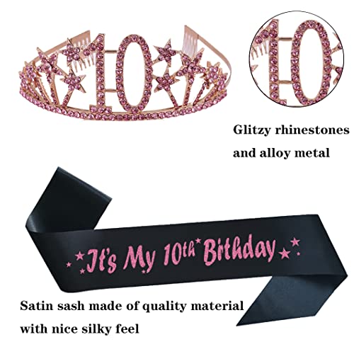 Happy 10th Birthday Tiara and Sash Gifts Crystal Rhinestone Princess Crown Birthday Girl Party Favor Supplies Pink Crowns Black Sash