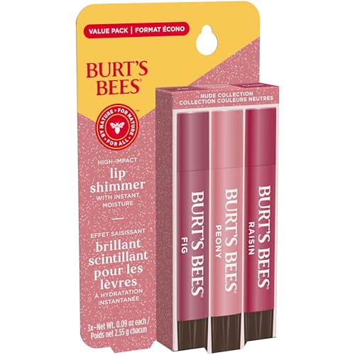 Burt's Bees Lip Shimmer Nude Collection; Luminescent Color; High Impact, Instant Moisture; with Shea and Cocoa Butters; 100% Natural Origin; 3 Warm Shades; Value Pack, 3 Tubes x 0.09 Oz