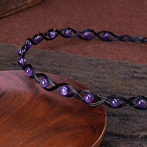 CoTeeZa Handmade Amethyst Braided Crown Fairy Elven Circlet Viking Healing Crystal Headband Tiara for Women Men Renaissance Cosplay Headpiece for Gift Wedding Prom Quinceanera Meditation