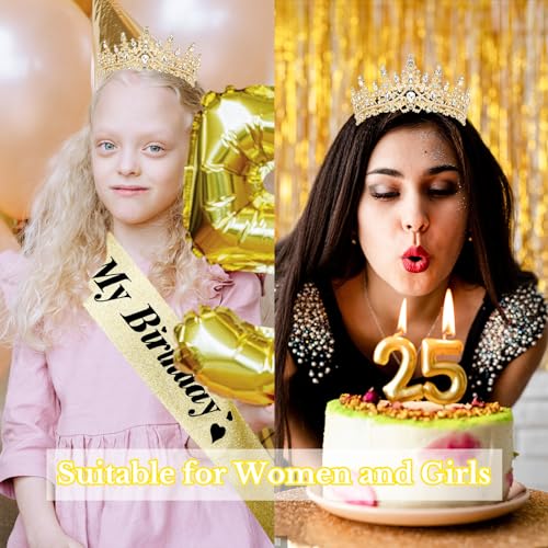 CURASA Birthday Sash and Crown Gold Birthday Sash for Women Birthday Crown adult Women Giltter Its My Birthday Sash Birthday Tiara for Women Girls Princess Crown Birthday Decoration Party Favors Gifts