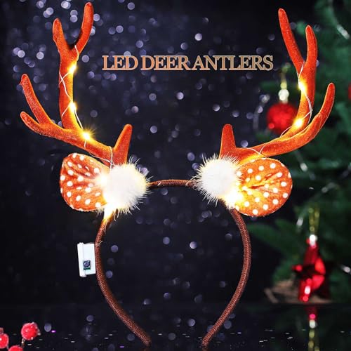 Olbye Led Deer Antlers Headband Women’s Deer Costume Accessories Light Up Fawn Horn Headband Reindeer Antler Headpiece Halloween Cosplay Costume Ears Holiday Party Accessories for Women Girls (A)