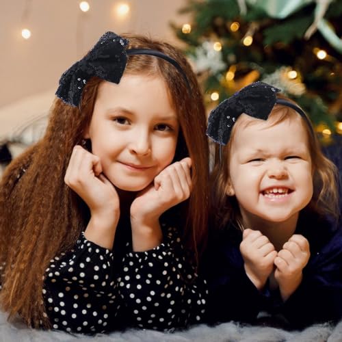 Kiszu Sparkly Sequin Hair Bow Headbands Fashion Glitter Cute Boutique Ribbon Bows for Girls, Kids, and Women (Dark Purple,Black)