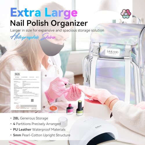 SAVILAND Nail Polish Organizer Bag: PU Leather Nail Polish Organizer Case Holds 70 Bottles (15ml-0.5 fl.oz) & Nail Lamp, Portable Nail Supplies Organizer Case Nail Organizers and Storage for Nail Tech