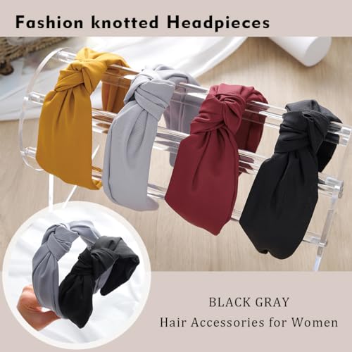 Yovic Black Knotted Headband for Women Top Knot Hairbands Grey Wide Headbands Turban No Slip Hair Accessories 2PCS (Black Gray)