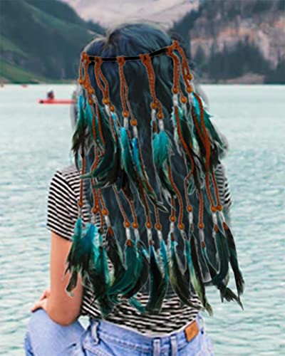 Gangel Hippe Feather Headband Gradient Blue Color Headpieces Boho Headbands Gypsy Hairband Feather Tassel Headdress Hemp Rope for Festival Masquerades Carnival Costume Hair Accessory for Women