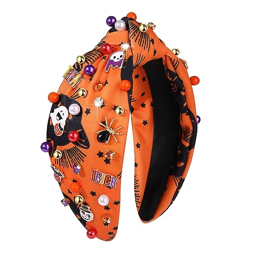 Halloween Headband Purple Spooky Beaded Knotted Headband for Women Sparkle Pearl Rhinestone Pumpkin Spider Bat Skeleton Ghost Charm Wide Knot Headpiece Orange Cat Star Print Hairband Halloween Party