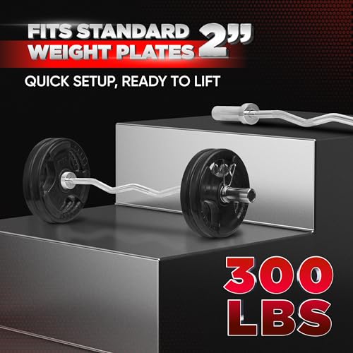 Yes4All Standard Straight Barbell 60" & EZ Curl Bar 47", Capacity 200 to 480 LB, Weight Bar 1" to 2" Diameter - Star Lock Collars, Rubber Ring, Barbell Spins Included for Deadlifts & Squats