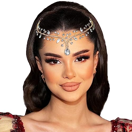 NAISKA Gold Crystal Head Chain Wedding Teardrop Headpiece Bridal Headband Forehead Hair Chain Rhinestone Headpieces Jewelry Prom Costume Hair Accessories for Women and Girls