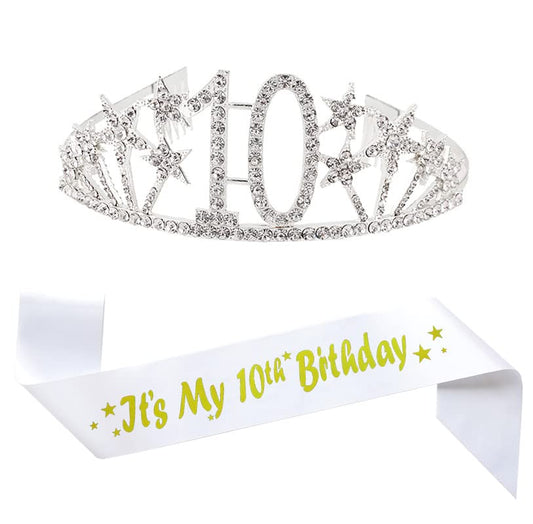 Happy 10th Birthday Tiara and Sash Gifts Crystal Rhinestone Princess Crown Birthday Girl Party Favor Supplies Silver Crowns White Sash