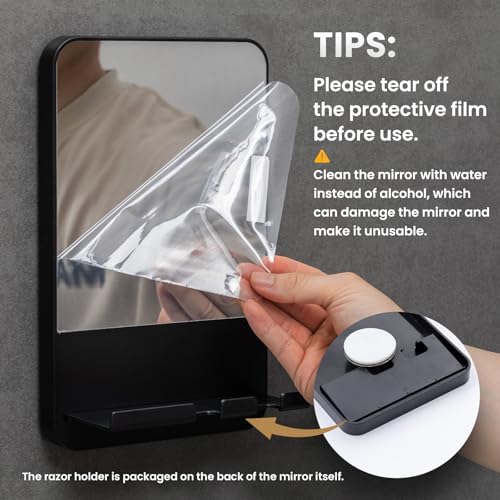 TAILI Fogless Shower Mirror, Anti-Fog with Razor Holder, Suction Shaving Mirror with Storage Tray, Rust-Proof, Shatterproof, Removable for Bathroom, Shower Accessories, Black