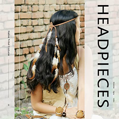 Uranian Boho Feather Headbands Dream Catcher Hair Band Hippie Gypsy Headwear Handmade Rope Headdress Tassel Headpieces for Masquerade Costume Hair Accessories for Women and Girls (1*Brown)