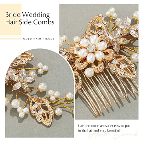 Gorais Pearl Bride Wedding Hair Comb Crystal Bridal Hair Piece Leaf Wedding Hair Accessories Floral Rhinestone Hair Clip Side Combs for Women and Girls