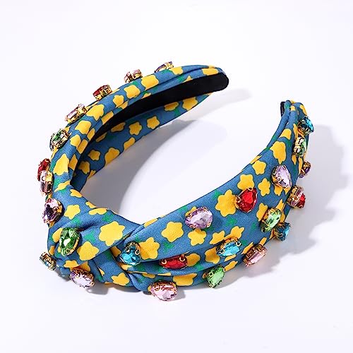 Crystal Knotted Headband for Women Colorful Rhinestone Jeweled Embellished Flower Printed Wide Top Knot Hairband Vibrant Floral Pattern Turban Hair Hoop Funny Gift for Ladies Girls Sister