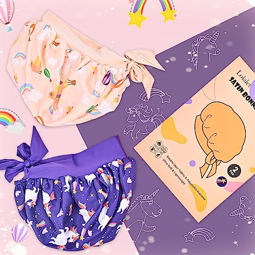 Lolalet 2 PCS Kids Bonnets for Girls, Reversible Silk Bonnet for Sleeping Satin Bonnet Cap with Wide Elastic Band -Purple & Pink