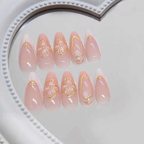 Medium Press on Nails Almond - White French Tip Fake Nails with Flower Design - Gold Stripes Stick on False Nails for Women 24 Pcs