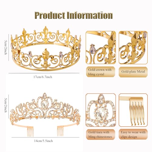 AMind4U 2PCS King and Queen Crown Set Metal Crown for Men and Women Crystal Tiaras for Girls Costume Accessories for Prom Wedding (Gold 1)