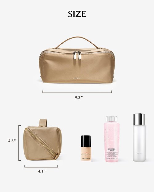 EACHY Travel Makeup Bag, Satin Portable Compartment Toiletry Bags for Traveling Women, Large Capacity Cosmetic Bag with Handle & Compartments