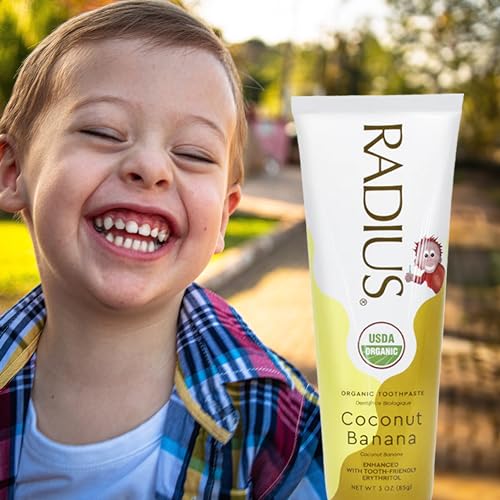 RADIUS USDA Organic Kids Toothpaste 3oz Non Toxic Chemical-Free Gluten-Free Designed to Improve Gum Health for Children's 6 Months and Up - Coconut Banana - Pack of 6