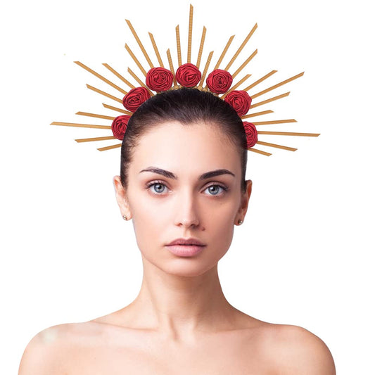 Bubbmi Women Mary Halo Crown Headband Goddess Sunburst Spiked Hair Band with Rose Flower Costume Party Cosplay Wedding Photoshoot Headpiece