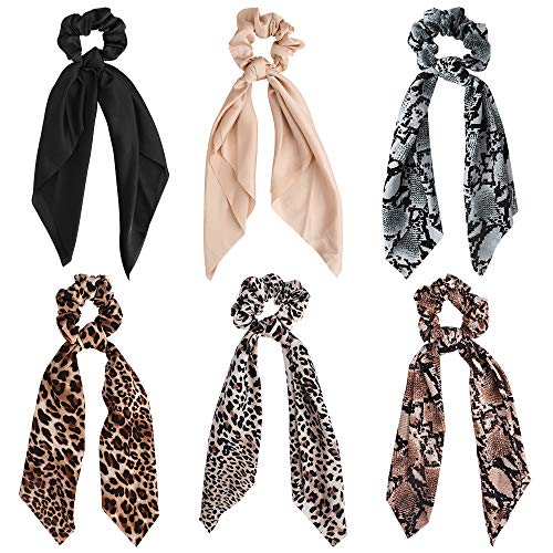 TOBATOBA 6 Pack Leopard Print Big Scrunchies for Hair Long Scrunchies Hair Scarf, Polka Dot Snake Skin, Solid Color Elastic Hair Bands Rope Scrunchy, Bun Hair Ties Bobbles Ponytail Holder for Women