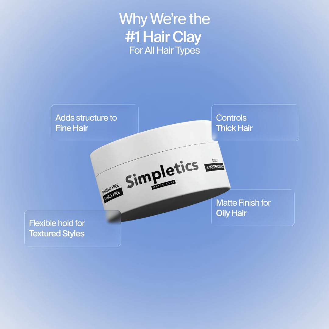 Simpletics Hair Clay for Men (Vanilla Scent) – Natural 6 Ingredient Matte Styling Clay with Beeswax & Coconut Oil – Strong Hold, Water Based, Non-Greasy – Adds Texture & Volume – 2oz