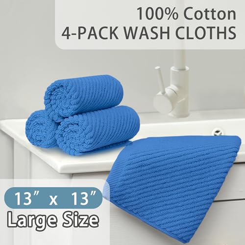 VOOVA & MOVAS Washcloths for Showering, Large 13" x 13" - 100% Cotton | Lightweight | Thick | Quick Dry | Soft | Absorbent, Hand Towels Set of 4, Wash Cloths for Bathroom, Luxury Towel Gift Set, Blue